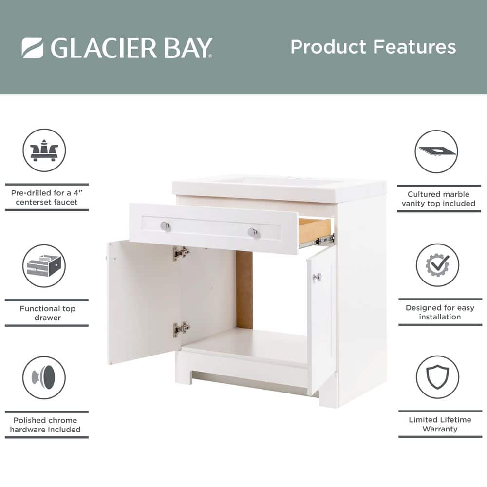 Glacier Bay Everdean 31 in. Single Sink White Freestanding Bath Vanity with White Cultured Marble Top (Assembled) (4)