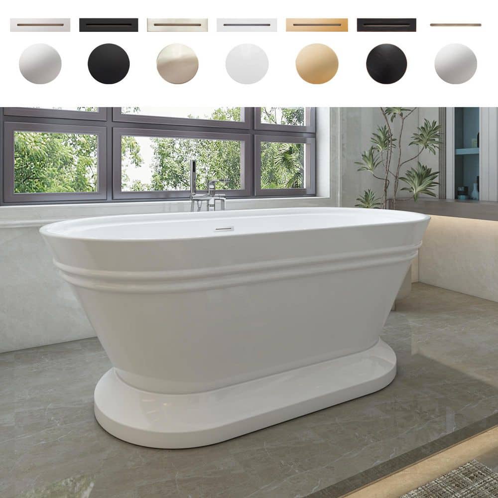 Vanity Art Versailles 59 in. x 29.5 in. Acrylic Flatbottom Freestanding Soaking Bathtub with Center Drain in White/Polished Chrome (2)