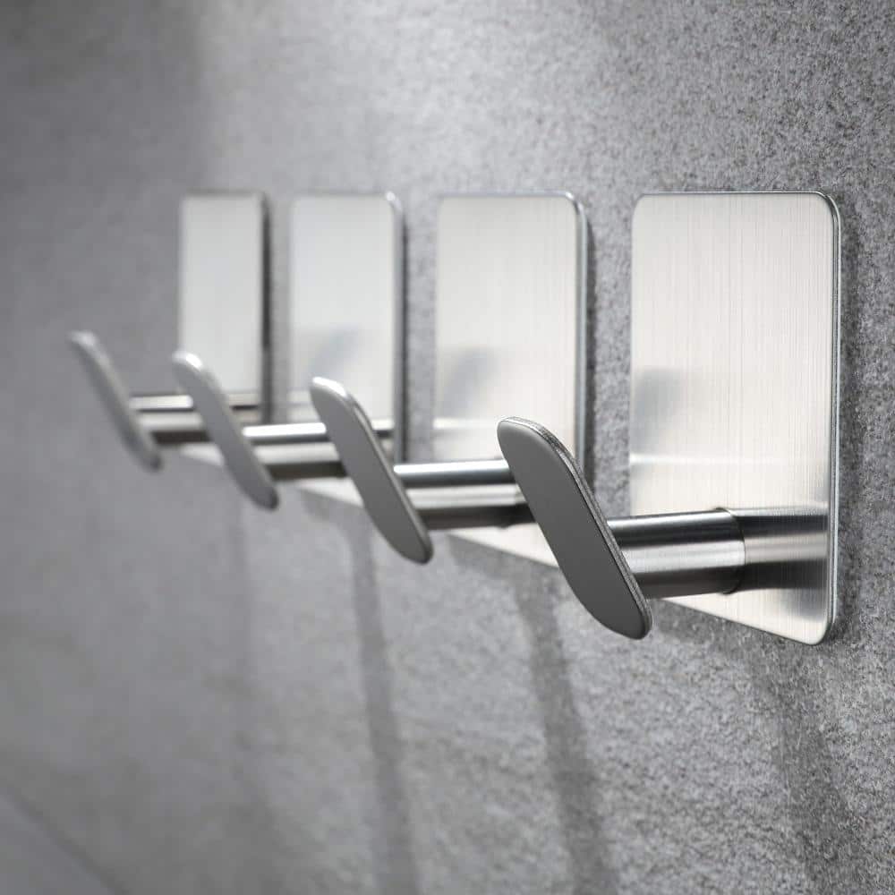 Unbranded 4-Pack Adhesive Stainless Steel No-Drill Wall-Mount Robe and Towel Hook for Bathroom in Brushed Silver (2)