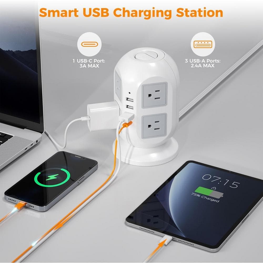 Unbranded 15 ft. Cord 8-AC Outlets Surge Protector Power Strip Tower with 3 USB-A and 1 USB-C Ports in White (3)