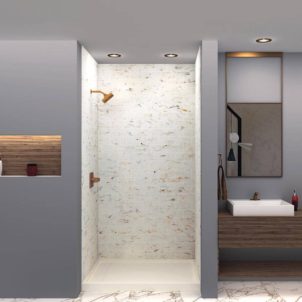Transolid SaraMar 36 in. x 48 in. x 96 in. 3-Piece Easy Up Adhesive Alcove Shower Wall Surround in Biscotti Marble (1)