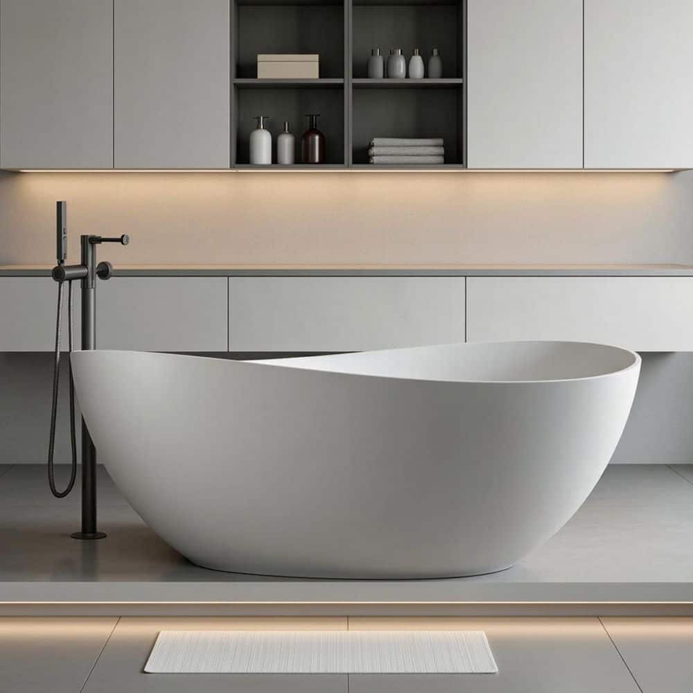 INSTER 37.5 in. Solid Surface Freestanding Soaking Bathtub with with Plenty of Room to Stretch Out White