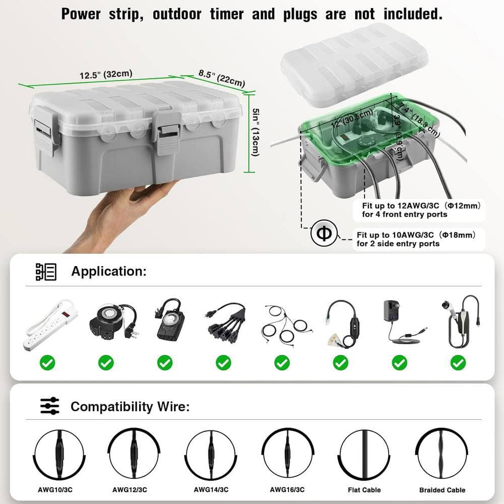 Ahfiwaso 12.5in. L x 8.5in. W x 5in. H IP54 Waterproof Electrical Box w/Transparent Lid Clear Cover and 6 Cable Entry Ports, Grey (3)