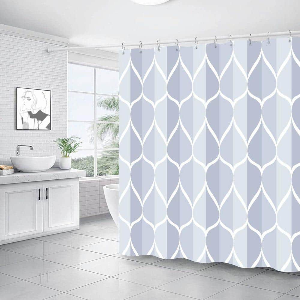 Unbranded Geometric Shower Curtain Waterproof Design Quick-Drying Weighted Hem Set 72x72 with Hooks Polyester in Light Blue (3)