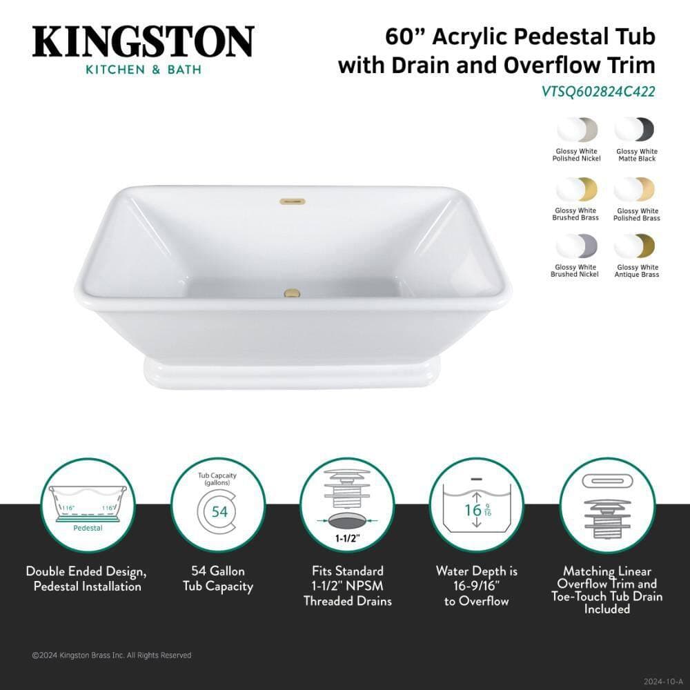 Kingston Brass Aqua Eden 60 in. x 28 in. Acrylic Flatbottom Freestanding Soaking Bathtub in White/Brushed Brass with Drain (2)