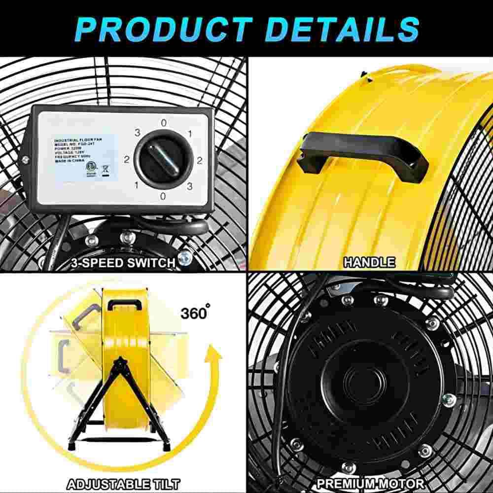 Deeshe Industrial Fan 24 Inch Heavy Duty Drum 3 Speed 8100 CFM Air Circulation High Velocity Fan for Warehouse Yellow (3)