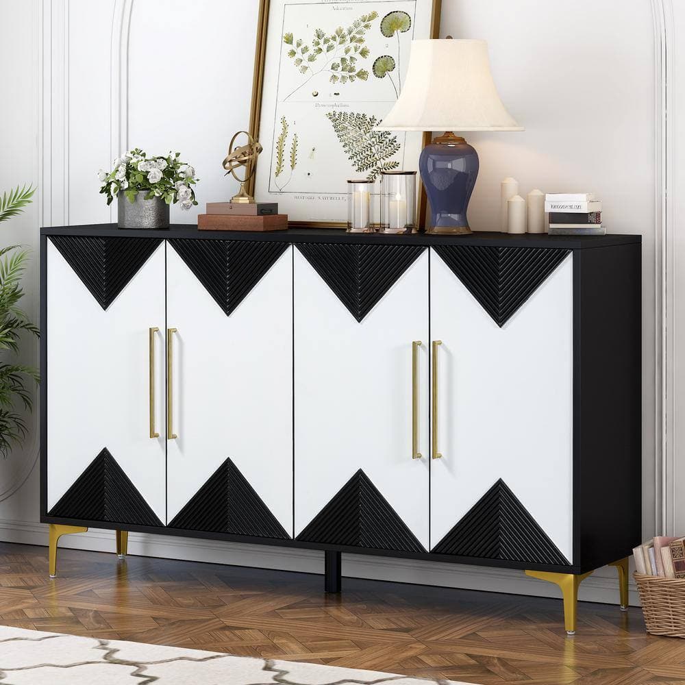 Unbranded 59.8 in. W x 15.7 in. D x 34.6 in. H Black Linen Cabinet with 2-Tone Triangular Pattern Doors for Entryway, Hallway (2)