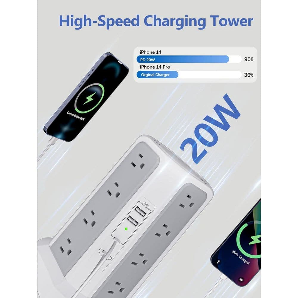 Lukyamzn 16-Outlet Power Strip Tower Surge Protector with 10 ft. Flat Plug Cord and 4 USB Ports (1 PD 20W) for Home Office, White (3)