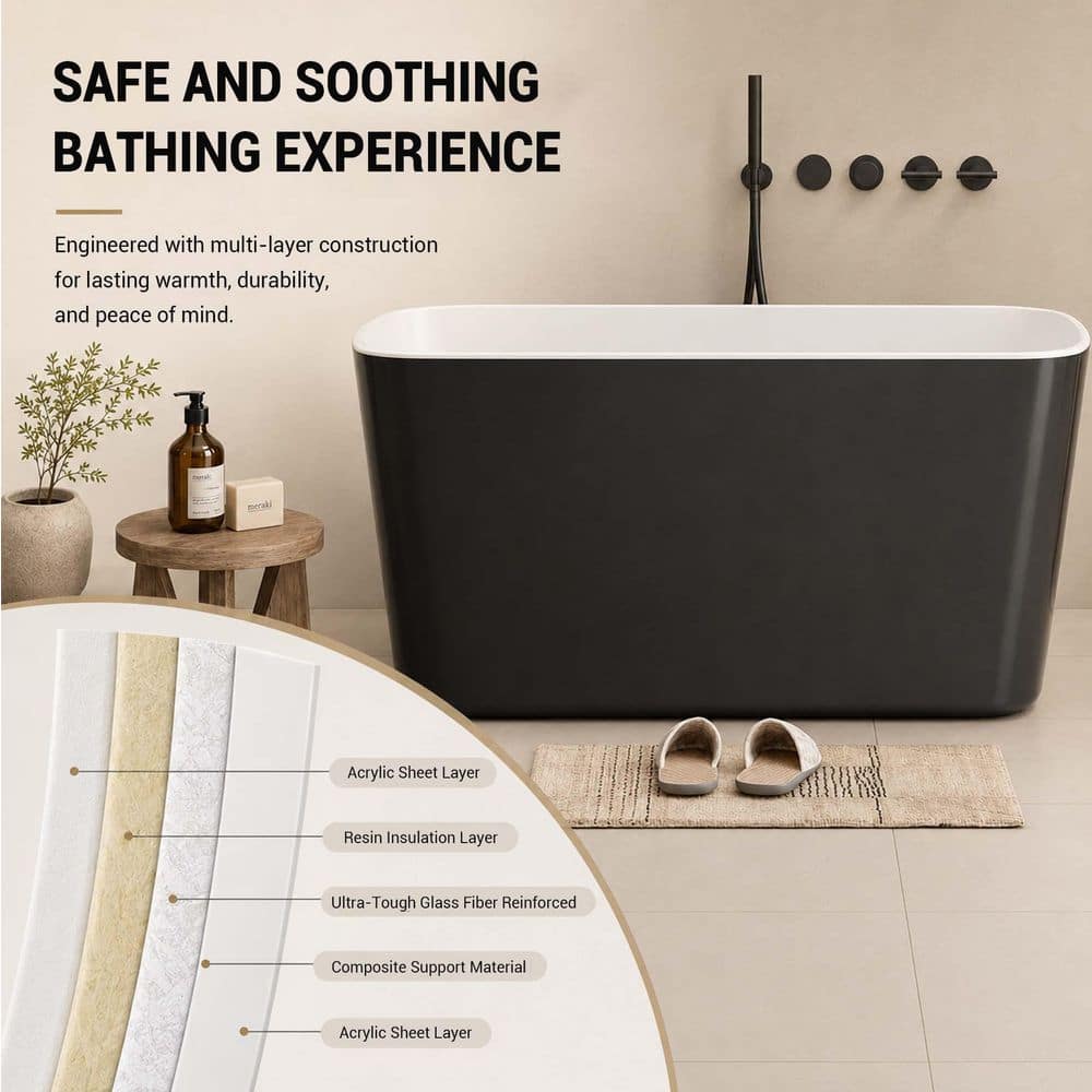 Bezeit 49 in. x 27.95 in. Acrylic Freestanding Soaking Bathtub with Left Drain in Black/Polished Chrome, Japanese Sit-In Design (3)