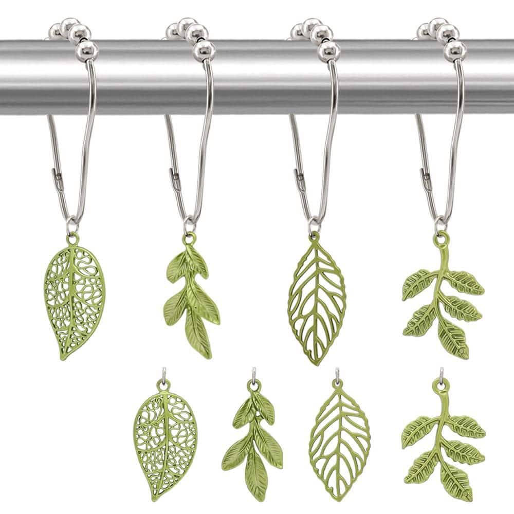 KHKFY Green Leaf Shower Curtain Hooks 12-Pack Plant Rings for Standard Rods, Rustproof Bath Decor Accessories