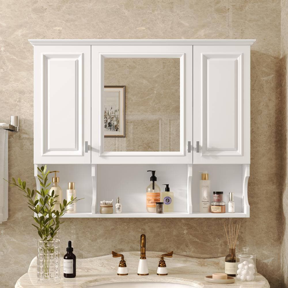 COWLOWN 35 in. W x 7.3 in. D x 28.7 in. H Wall Mount Bathroom Storage Wall Cabinet in White, Mirror Cabinet with Open Shelves (2)