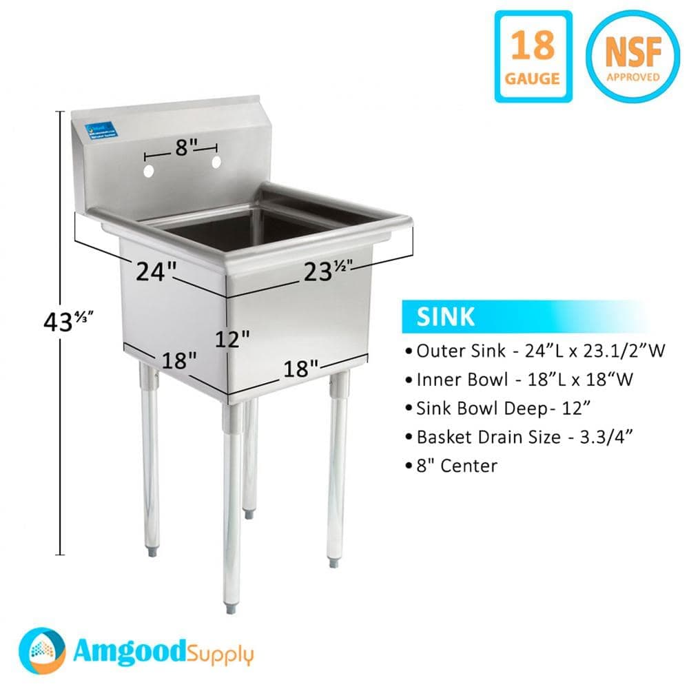AMGOOD 24 in. x 23.5 in. Stainless Steel One Compartment Utility/Laundry Sink. No Faucet (3)