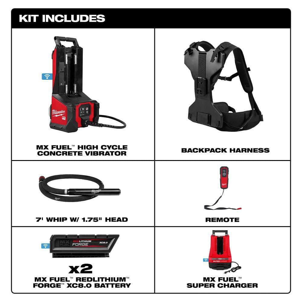 Milwaukee MX FUEL Backpack High Cycle Concrete Vibrator Kit w (2) FORGE XC8.0 Batteries, (2) MX FUEL SuperChargers, (1) 7 Ft. Whip (2)