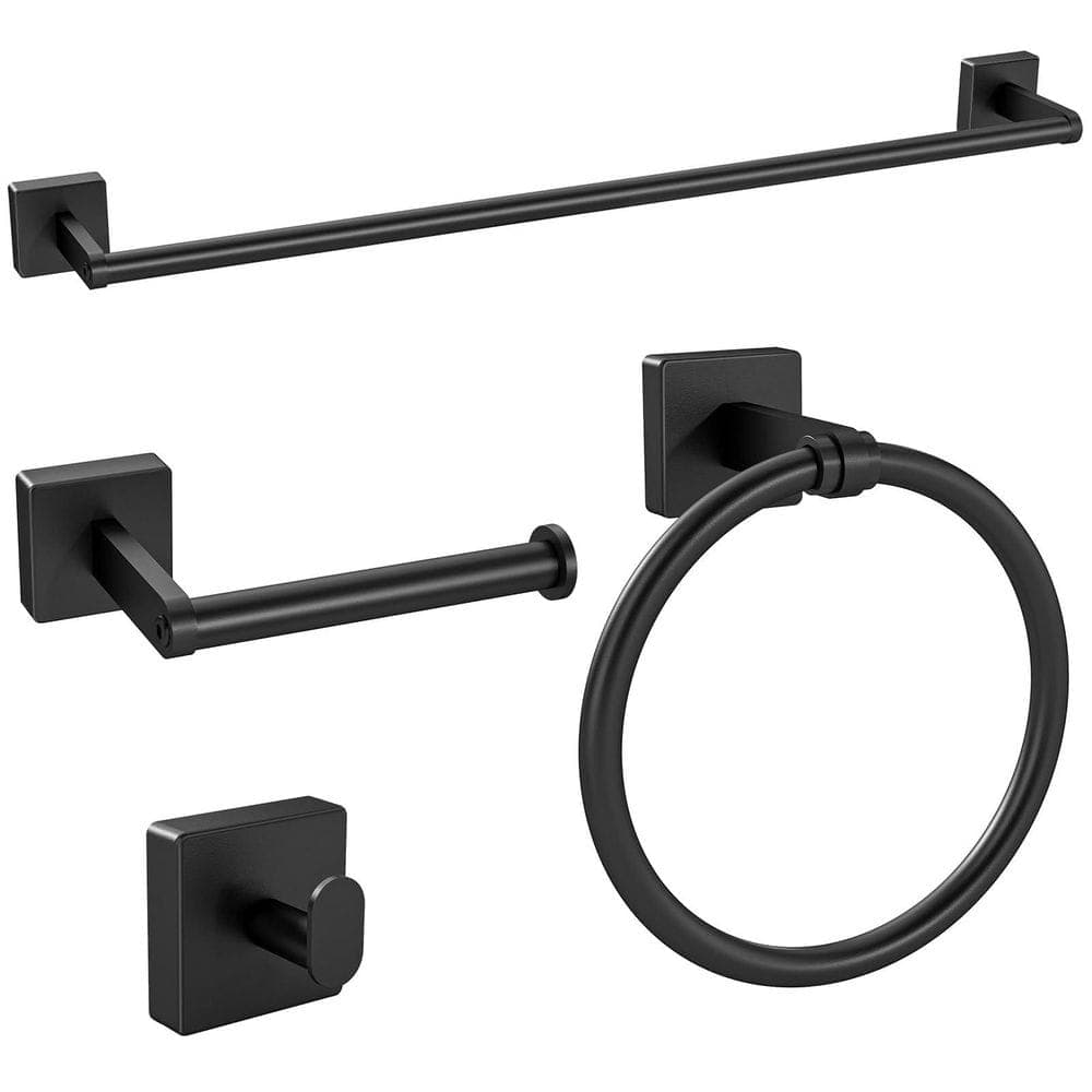 Anqtovp 4-Piece Bathroom Hardware Set with Towel Bar, Towel Ring, Toilet Paper Holder, Hook in Matte Black Finish (1)