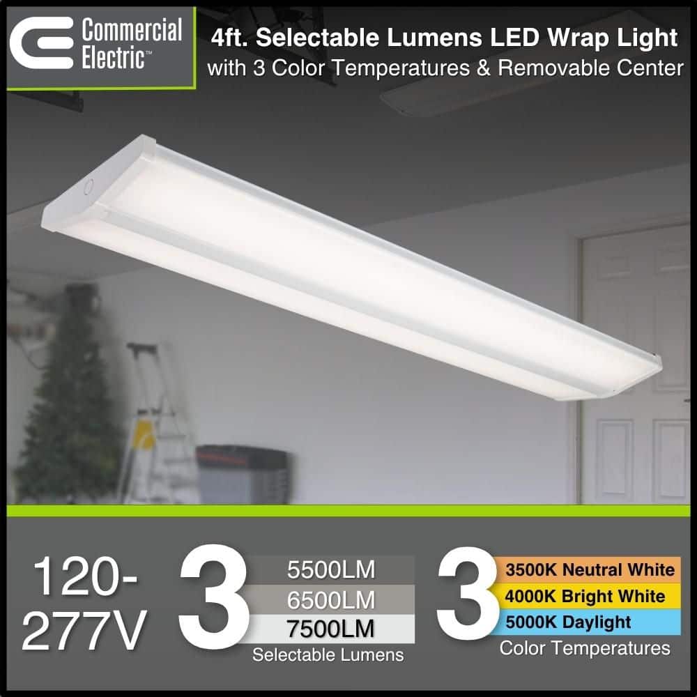 Commercial Electric 1-Pack 4 ft. x 10 in. 5500/6500/7500 Lumens Integrated LED White Commercial Wraparound Light, Selectable CCT, 120-277V (4)