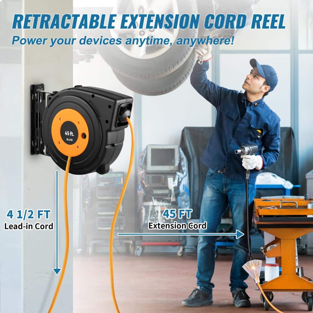 SVOPES Heavy Duty Retractable Extension Reel, 45 ft. 12 Gauge/ 3 Conductors, 1875amps, 15 Amp, Extension Cord Reel with Outlets (2)