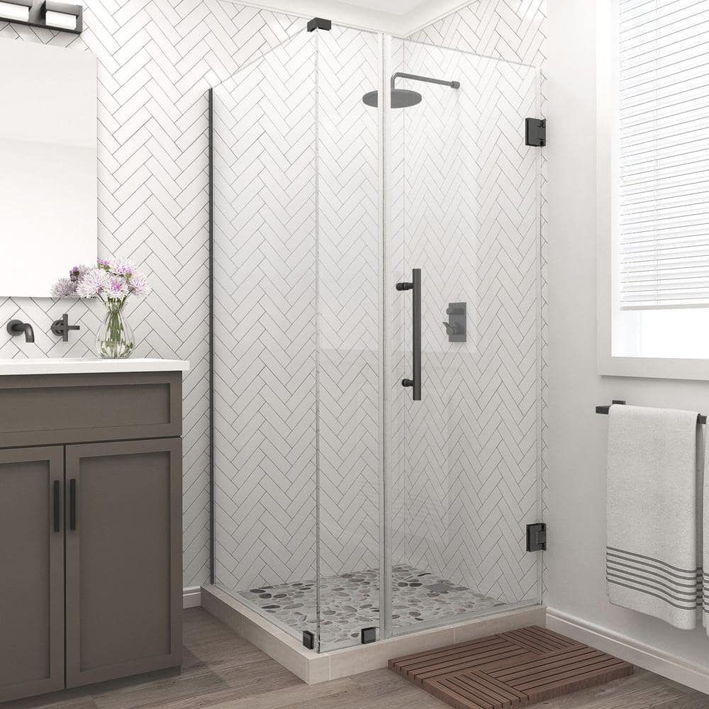 Aston Bromley 29.25 in. to 30.25 in. x 30.375 in. x 72 in. Frameless Corner Hinged Shower Enclosure in Matte Black (1)
