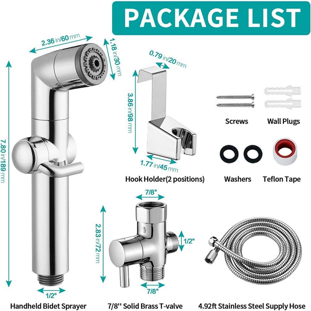 16 GAUGE SINKS 2.36 in. x 7.80 in. Stainless Steel Wall Mount Handheld Bidet in Chrome Bidet Attachment with Hose Included 16GS-36518 (3)