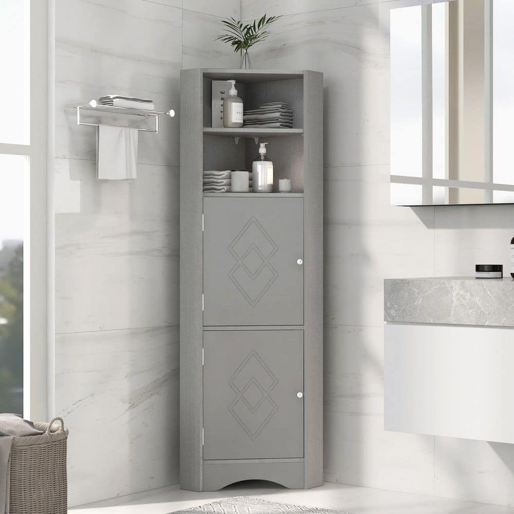 Unbranded 14.96 in. W x 14.96 in. D x 61.02 in. H Gray Linen Cabinet Bathroom Corner Cabinet with Doors and Adjustable Shelves (2)