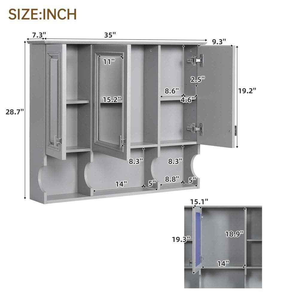 XUJMK 35 in. W x 7 in. D x 29 in. H Bathroom Storage Wall Cabinet, Bathroom Storage Cabinet in Gray with Mirror, Open Shelves (2)