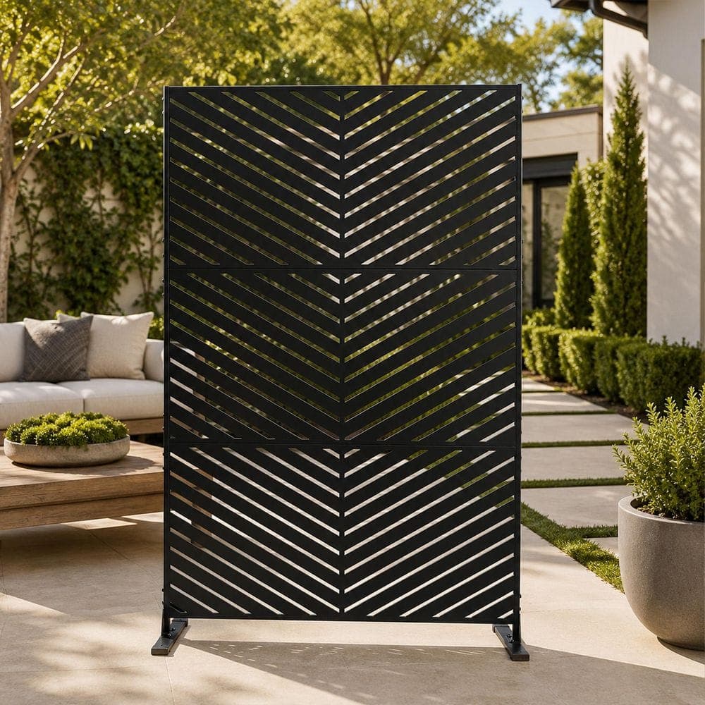 KOZYARD Powder Coated Galvanized Steel Privacy Screen 74 in. H x 47.2 in. W Decorative Fence with Stand (Black/Chevron)