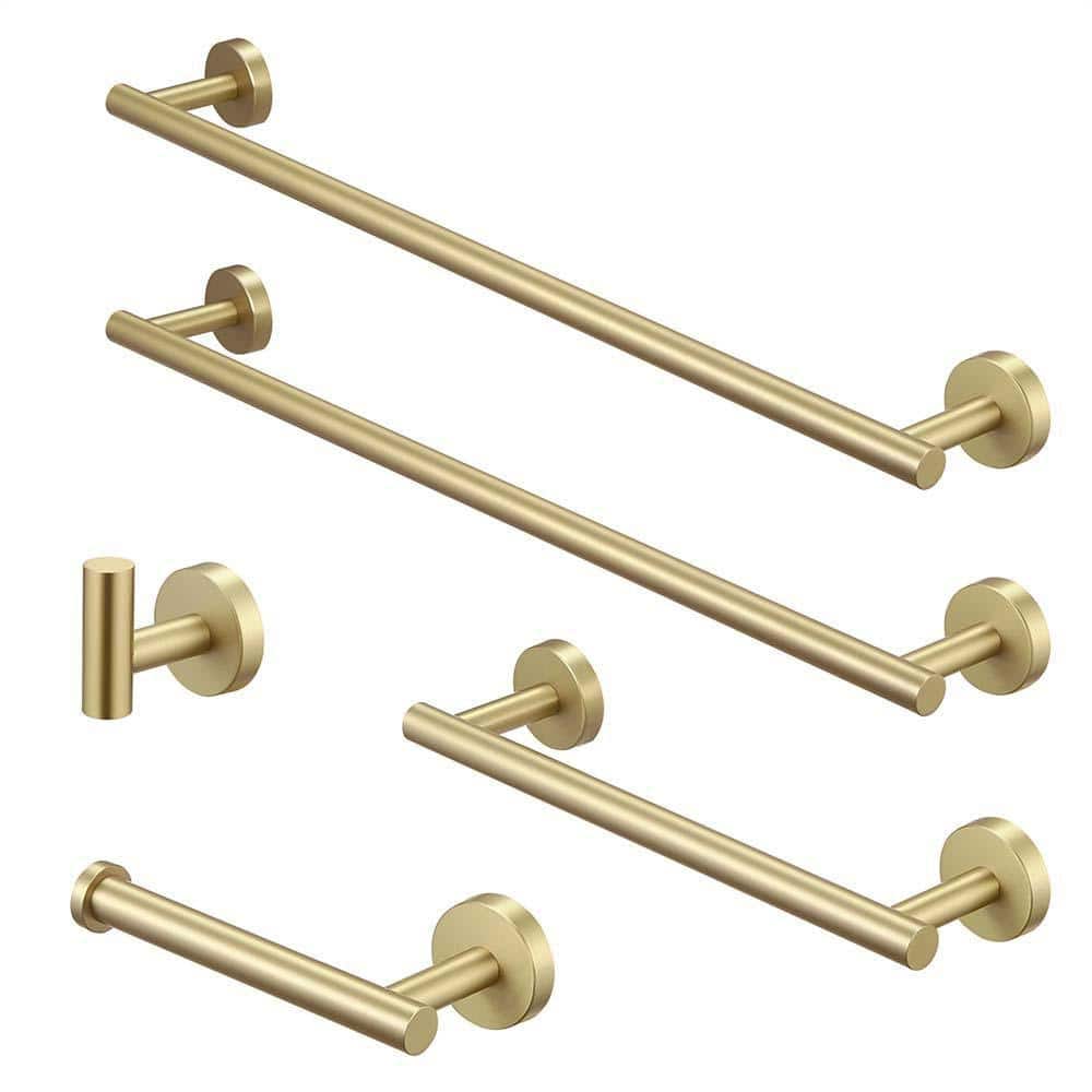 JFVKAF 23.6 in. Wall Mounted Stainless Steel Bathroom Towel Bar Set in Brushed Gold for Bathroom 5-Piece (1)