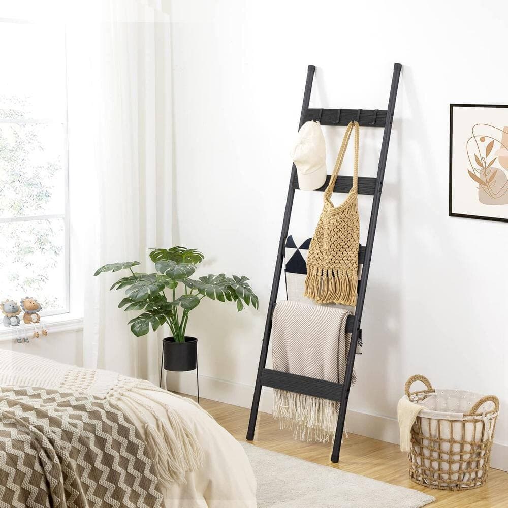 Numhew 5-Tier 17.3 in. W x 63 in. H Wooden Wall-Leaning Blanket Ladder, Towel Rack with Hooks, Black (3)