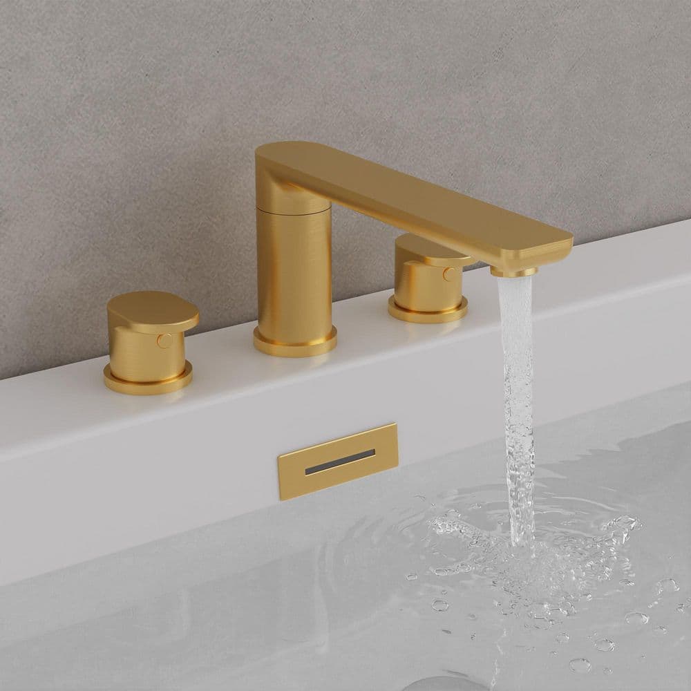 YAWWALK Double Handle Deck Mount Roman Tub Faucet with 360° Swivel Spout in Brushed Gold (2)