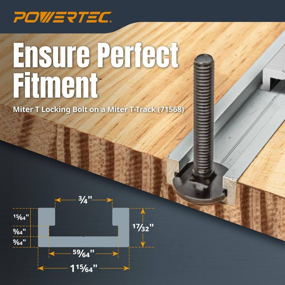 ‎POWERTEC 48 in. Miter T-Track with Miter T-Bar, 1/4 in.-20 x 1 in. Long Miter T-Bolts (10PK) and 1/4 in.-20 T Knobs (5PK) (3)