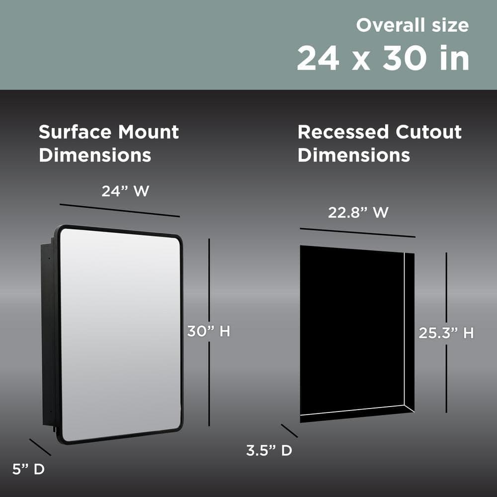 Glacier Bay 24 in. W x 30 in. H Rounded Corner Rectangular Matte Black Medicine Cabinet with Mirror (4)