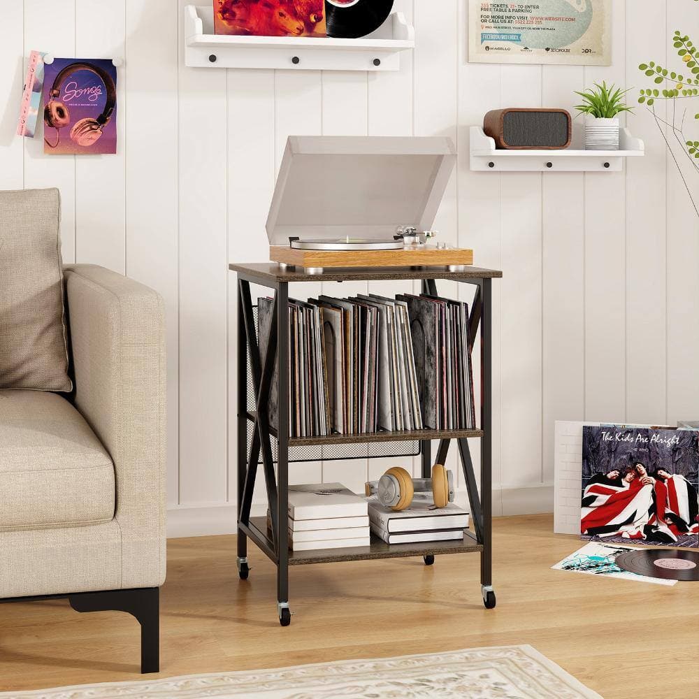 Volenca Mid-Century Record Player Stand with Charging Station, Storage Shelves, Turntable Cabinet (3)