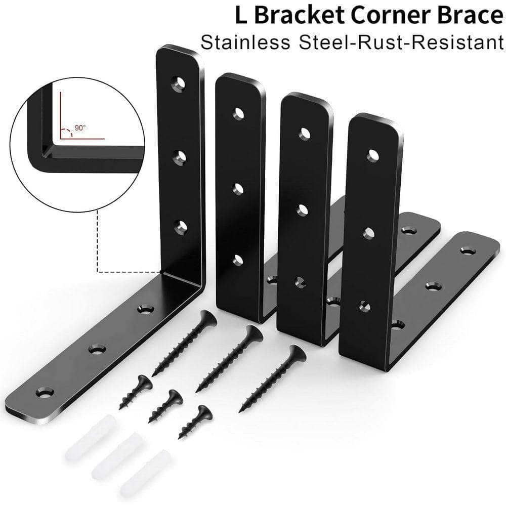 KIWDZFU 4 in. x 4 in. Stainless Steel Solid Shelf Support Corner Brace Joint Right Angle Bracket, 25 lb. Max Load, Black, 4-Pack (2)