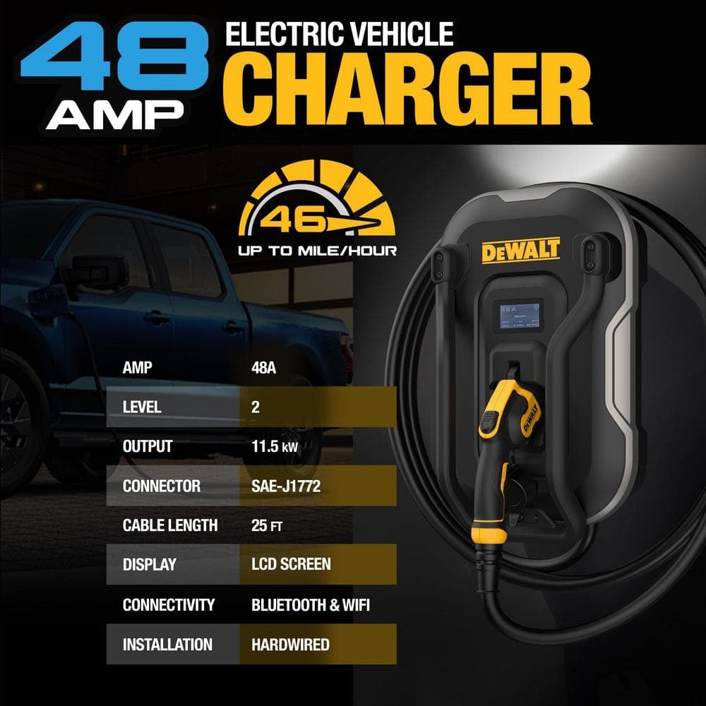 DEWALT Level-2 Wall Mounted Electric Vehicle EV Charger up to 48 Amps, 240-Volt AC 11.5 Kw, 25 ft. Cable, Weatherproof, Black (3)