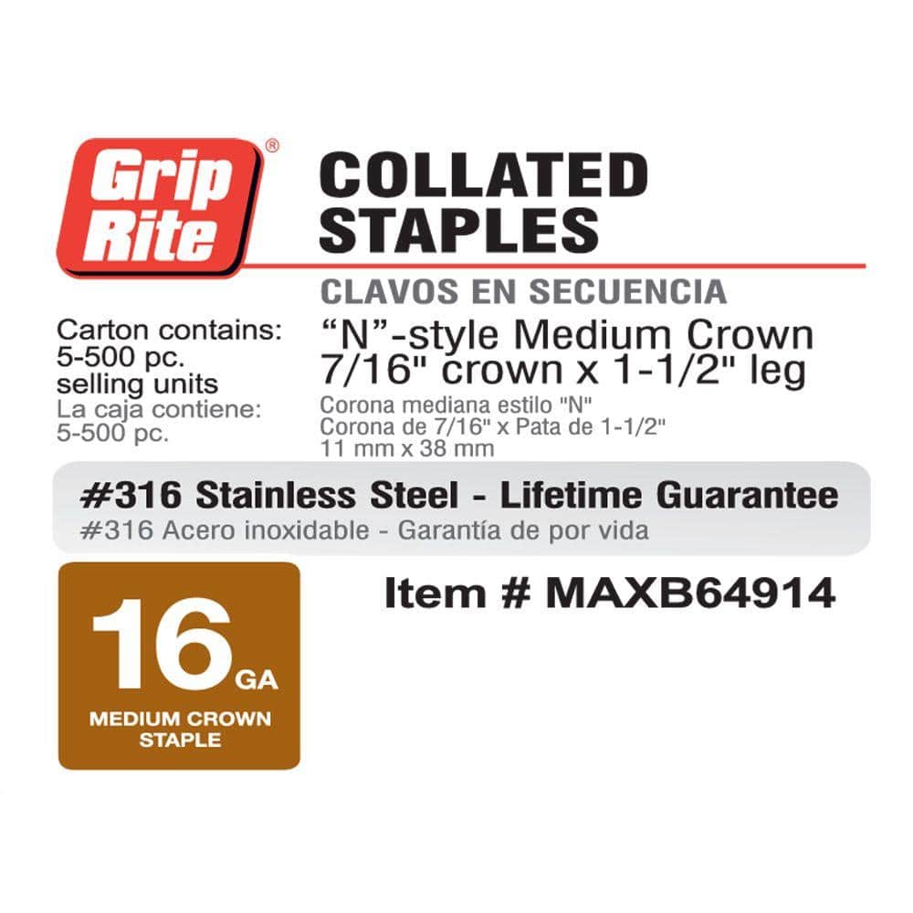 Grip-Rite 7/16 x 1-1/2 in. 16-Gauge 316 Stainless Steel N-Style Medium Crown Staples 500 per Box (1)