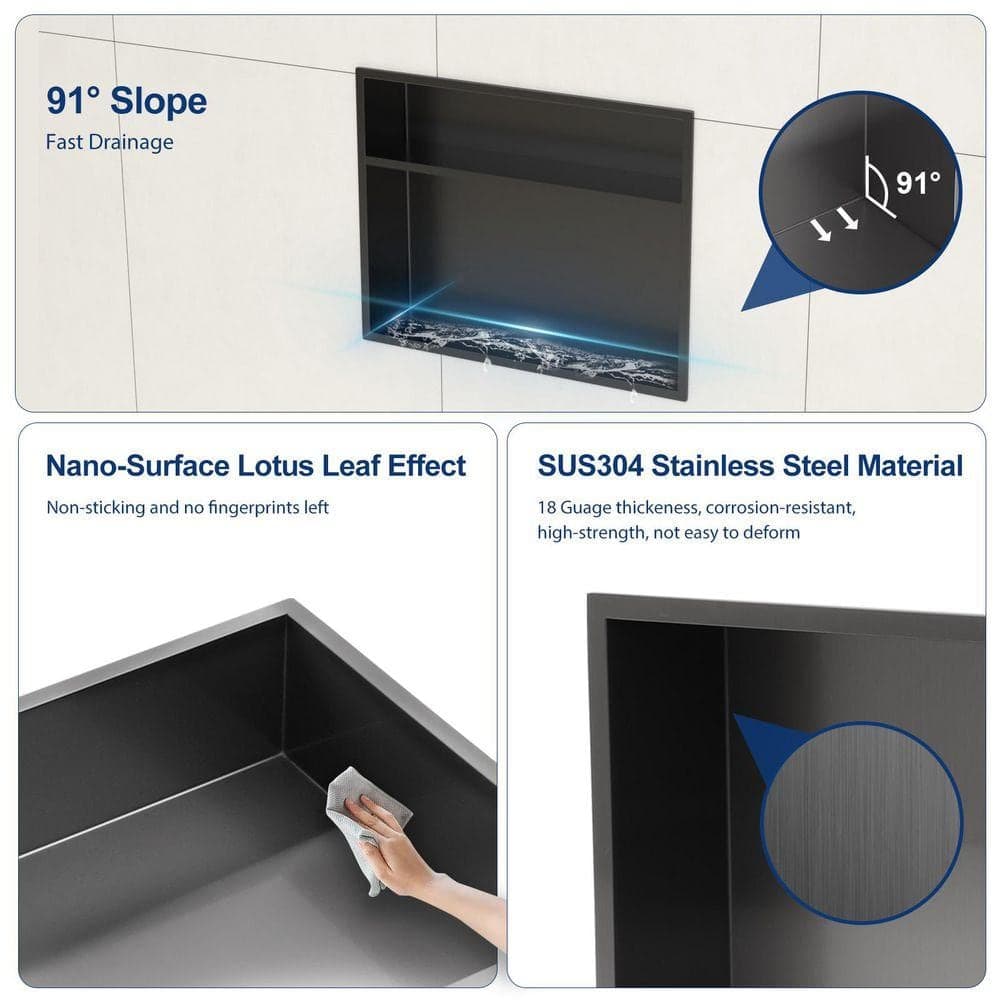 Sarlai 18 in. W x 4 in. H x 14 in. D Stainless Steel Shower Niche Set of 1-Piece in Matte Black Single Shelf Organizer Storage (2)