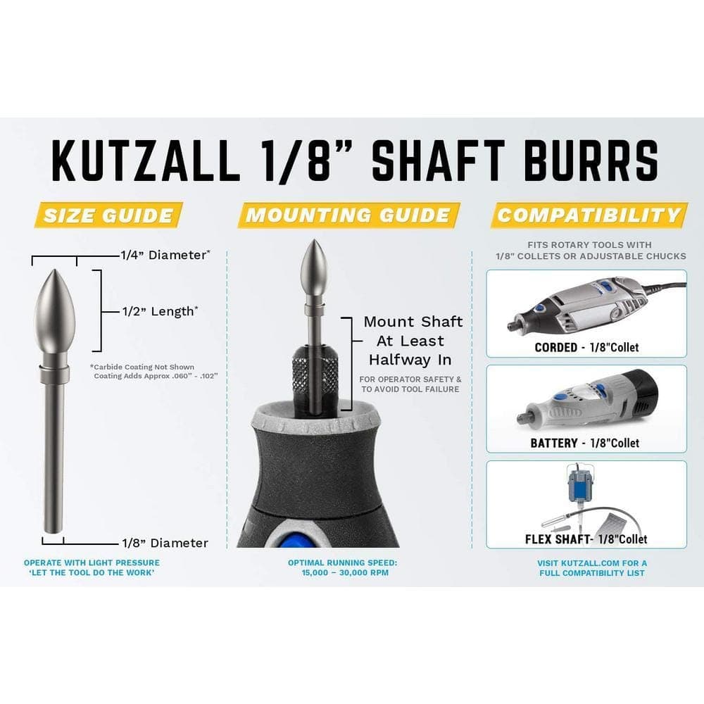KUTZALL Flame Burr, 1/8 in. Shaft, Head Diameter 1/4 in. x Head Length 1/2 in., Tungsten Carbide Teeth, Very Coarse (3)