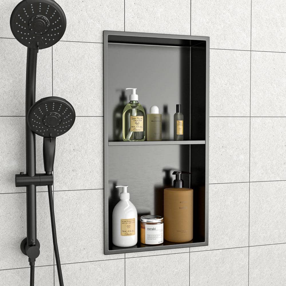 FUNKOL 13 in. x 25 in. Gunmetal Black Stainless Steel Wall Mounted Shower Niche Double Shelf (2)