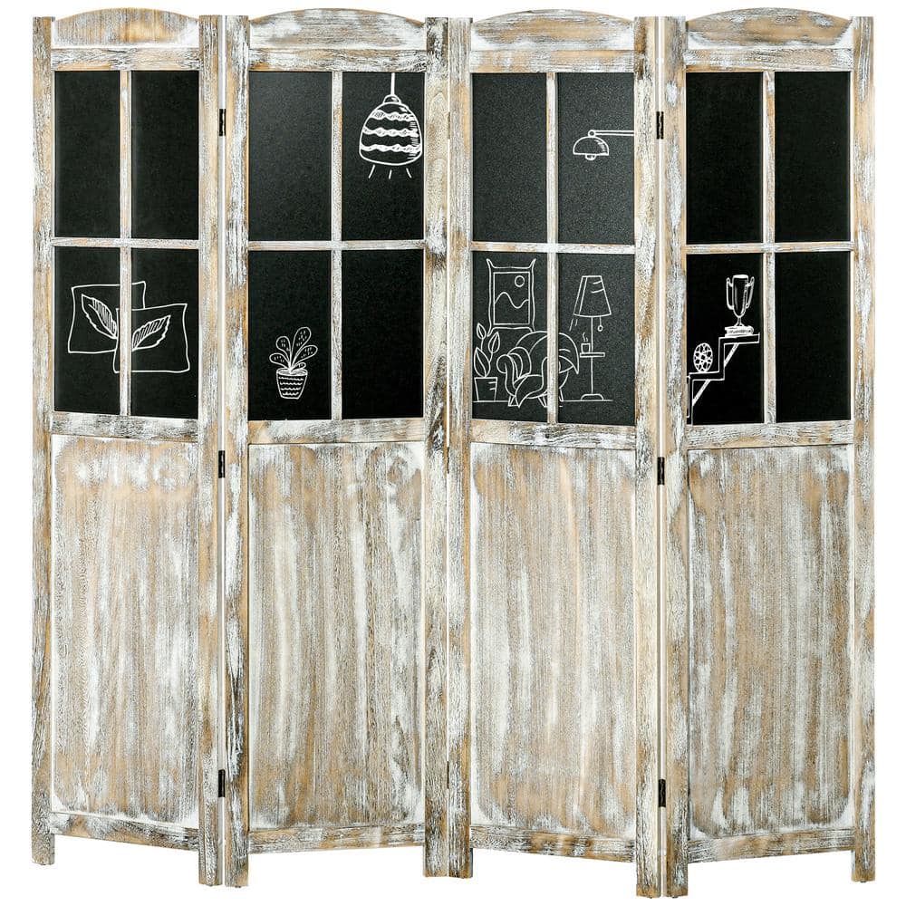 Unbranded 6 ft. Natural Wood Folding Outdoor Privacy Screen with Black Boards, 4-Panel Hinged Freestanding Partition Wall Divider
