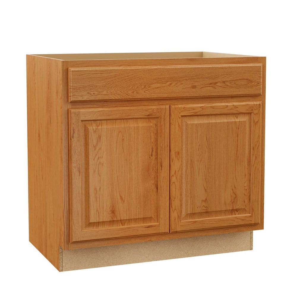 Hampton Bay Hampton 36 in. W x 24 in. D x 34.5 in. H Assembled Base Kitchen Cabinet in Medium Oak (2)