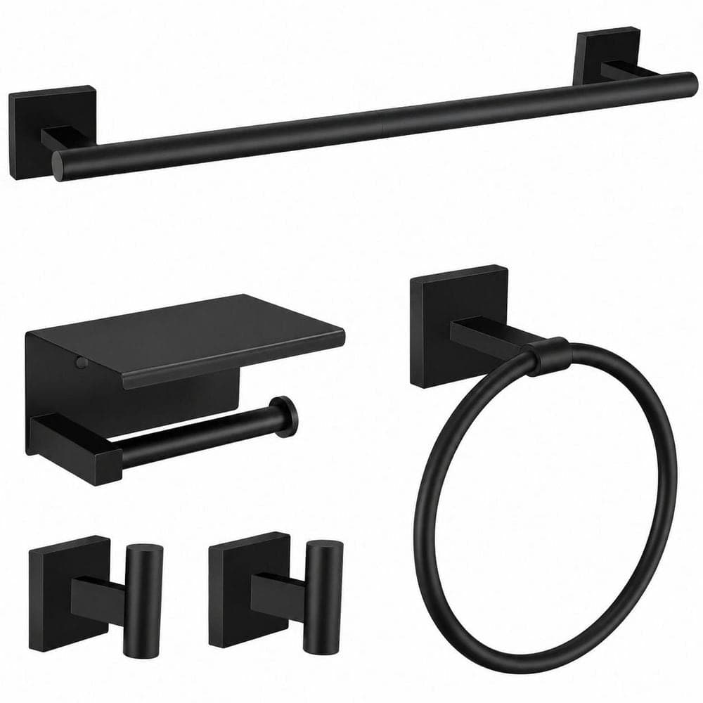 Unbranded Wall Mounted 5-Piece Matte Black Stainless Steel Square Towel Bar Set with 16.8 in. Towel Bar and Toilet Paper Shelf