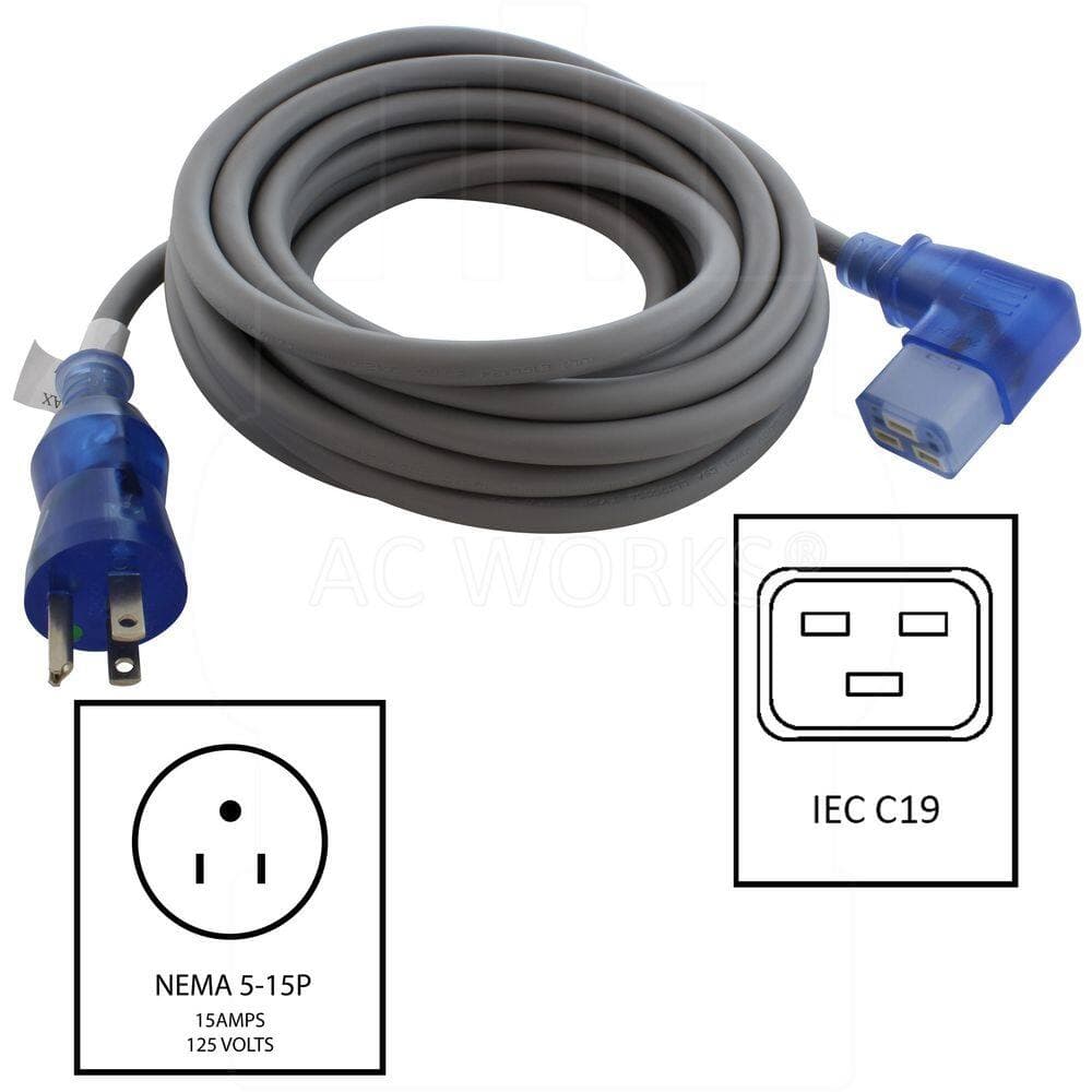 AC WORKS Medical Grade Power Cord with Right Angle IEC C19 20 ft. 14 / 3 SJTW Indoor Extension Cord in Gray (2)