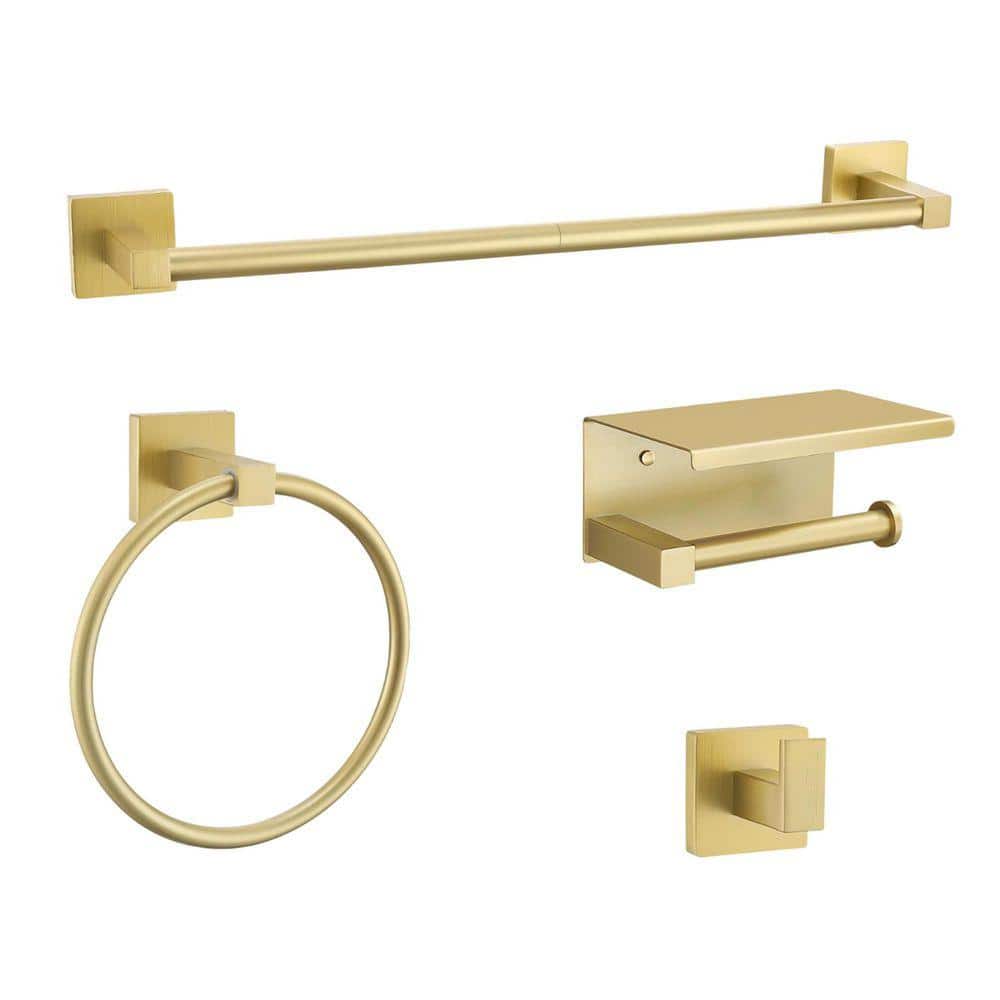JFVKAF 5-Piece Bathroom Hardware Set with Towel Bar Towel Ring Toilet Paper Holder Shelf Two Hooks in Brushed Gold (1)