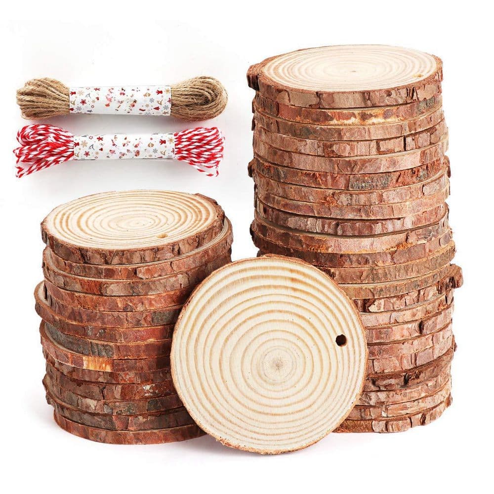 Afoxsos 0.2 in. x 2.5 in. x 2.5 in. Pine Wood Project Panel 50-Pack Unfinished Wood Rounds with Pre-drilled Holes and Twine