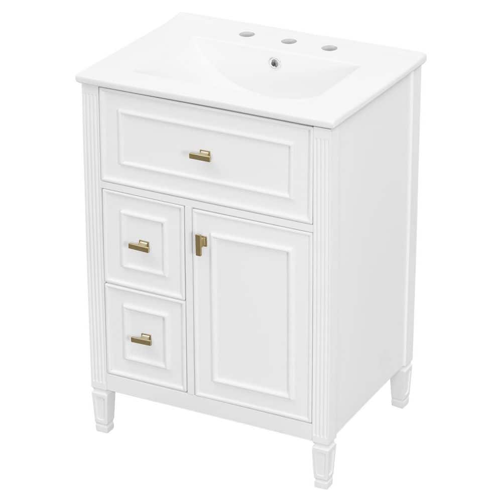 Lycvki 24 in. Undermount Bathroom Sink in White with One Flip Drawer and 2-Drawers, Adjustable Shelf