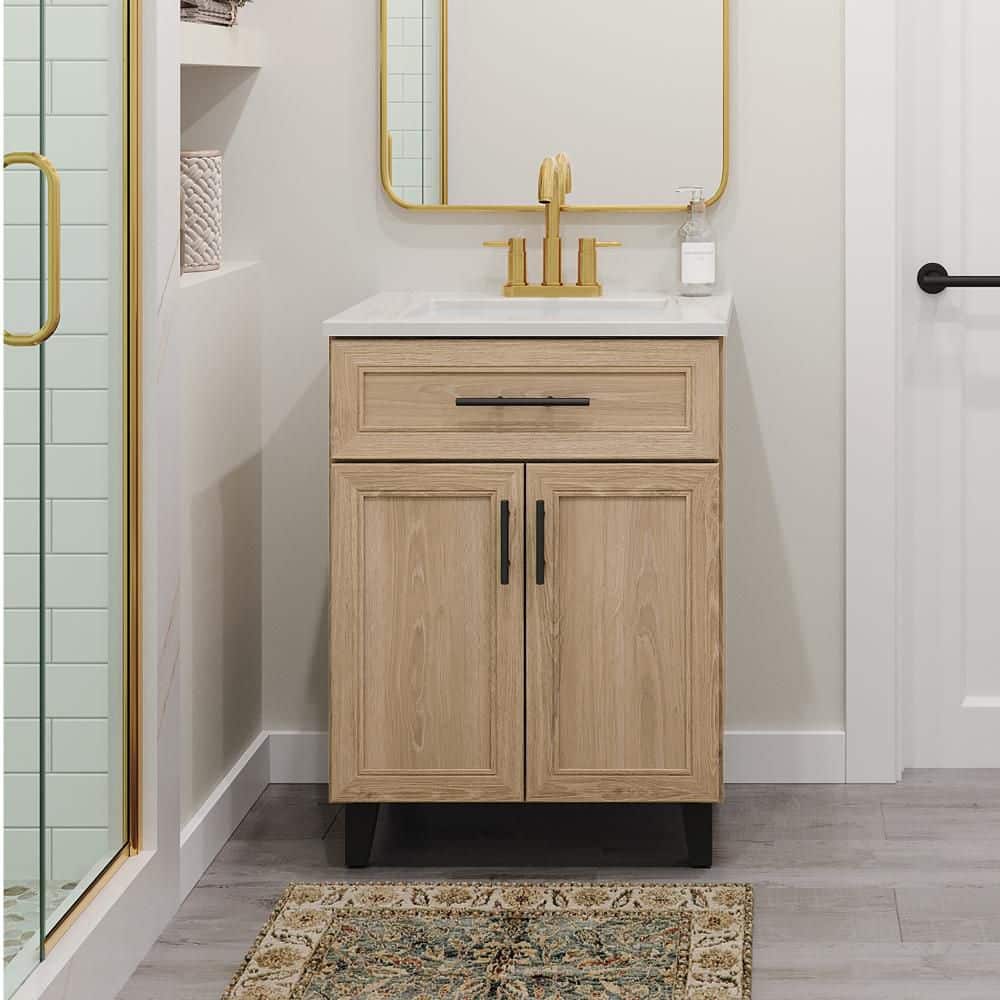 Glacier Bay Cranwood 25 in. Single Sink Freestanding Sandstone Bathroom Vanity with White Cultured Marble Top (Assembled) (2)