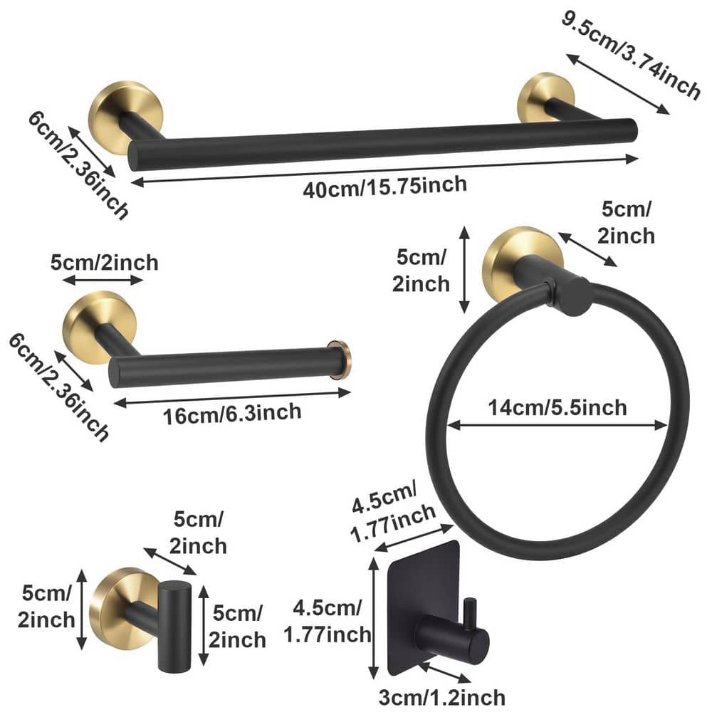 Anqtovp 7-Piece Bathroom Hardware Accessory Set with Towel Bar, Paper Holder, Rings, Hooks in Black and Gold (2)