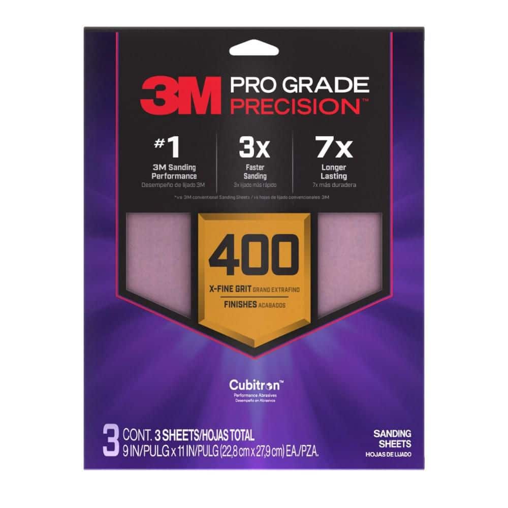 3M Pro Grade Precision 9 in. x 11 in. 400 Grit Faster Sanding Sheet With No-Slip Grip Backing (3-Pack)