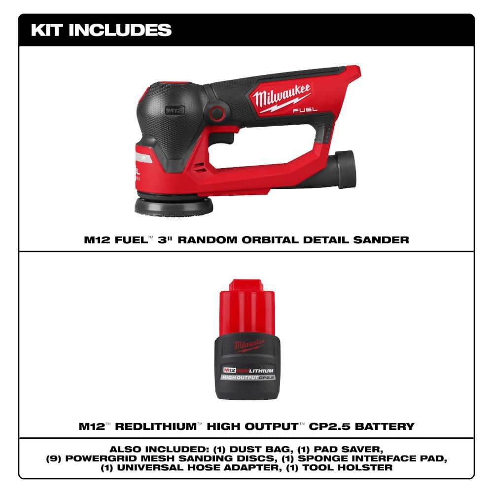 Milwaukee M12 FUEL 12V Lithium-Ion Brushless Cordless 3 in. Random Orbital Detail Sander with M12 2.5 Ah Battery (2)