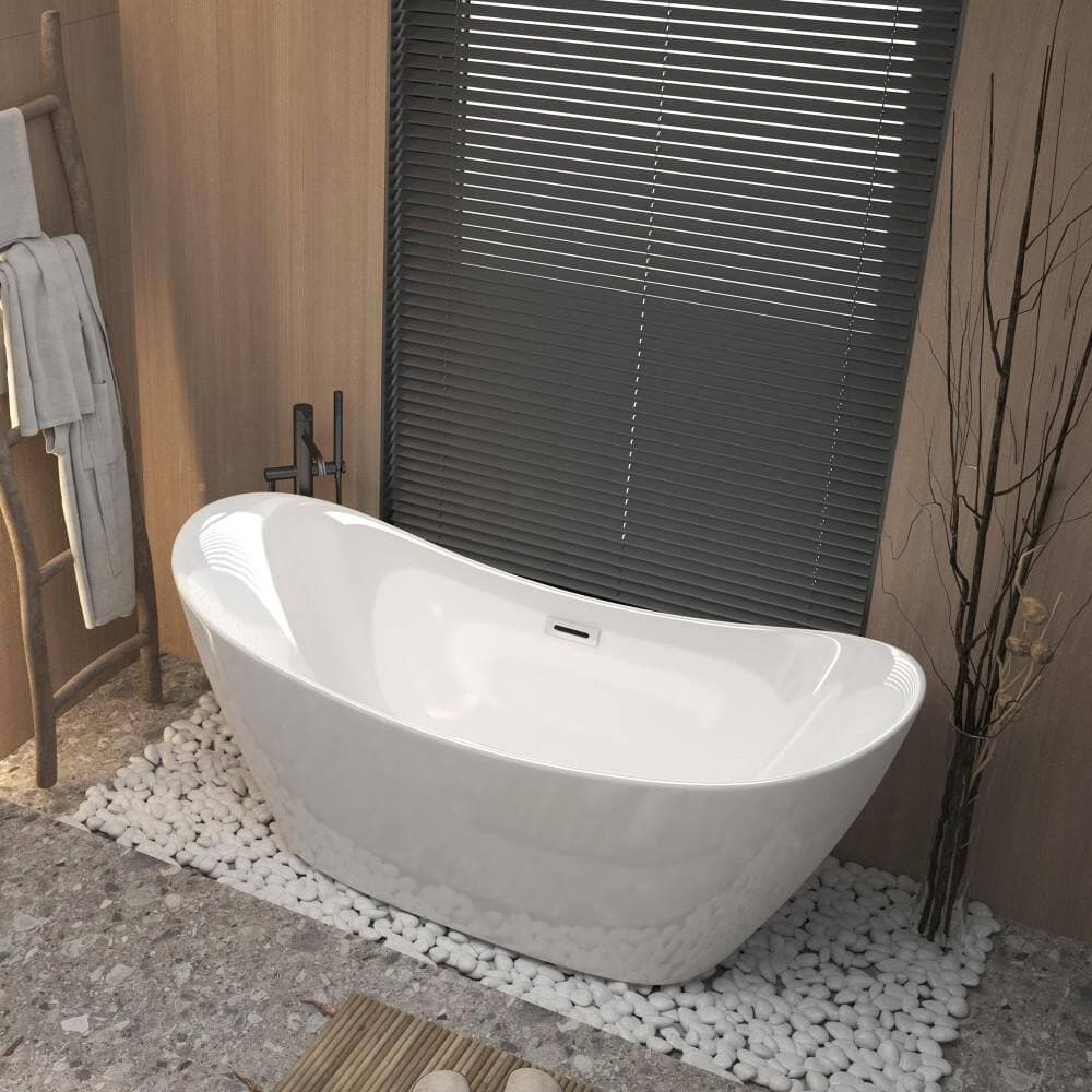 Vomlor 59 in. x 30 in. Acrylic Soaking Bathtub with Chrome Overflow and Pop up Center Drain in White Freestanding Bathtub (2)