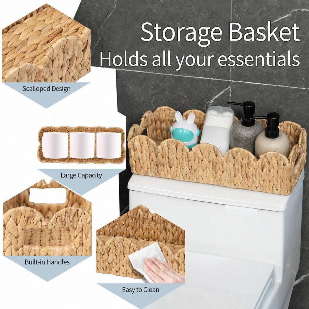 KHKFY Scalloped Edge Wicker Toilet Tank Basket 15.7 x 6.5 in Natural Water Hyacinth Organizer for Bathroom (3)